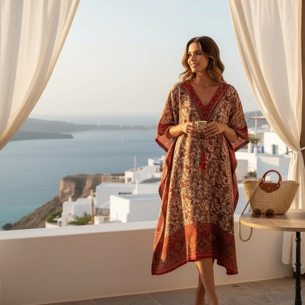 Brhamaki River Of Roses Kaftan Tunic Women Red Beige Boho Beach Cover Up Flowy - Picture 6 of 6